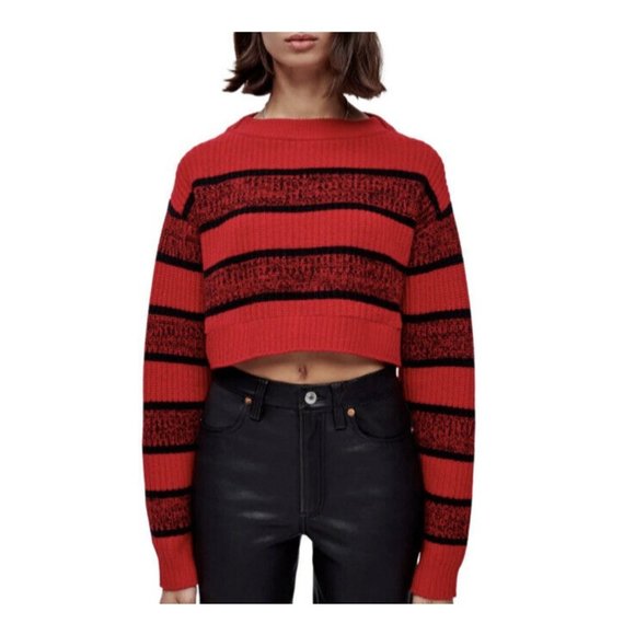 Re/Done Sweaters - Re/Done Womens Striped Crop Boat Neck Pullover Sweater Red Black Rugby Size S